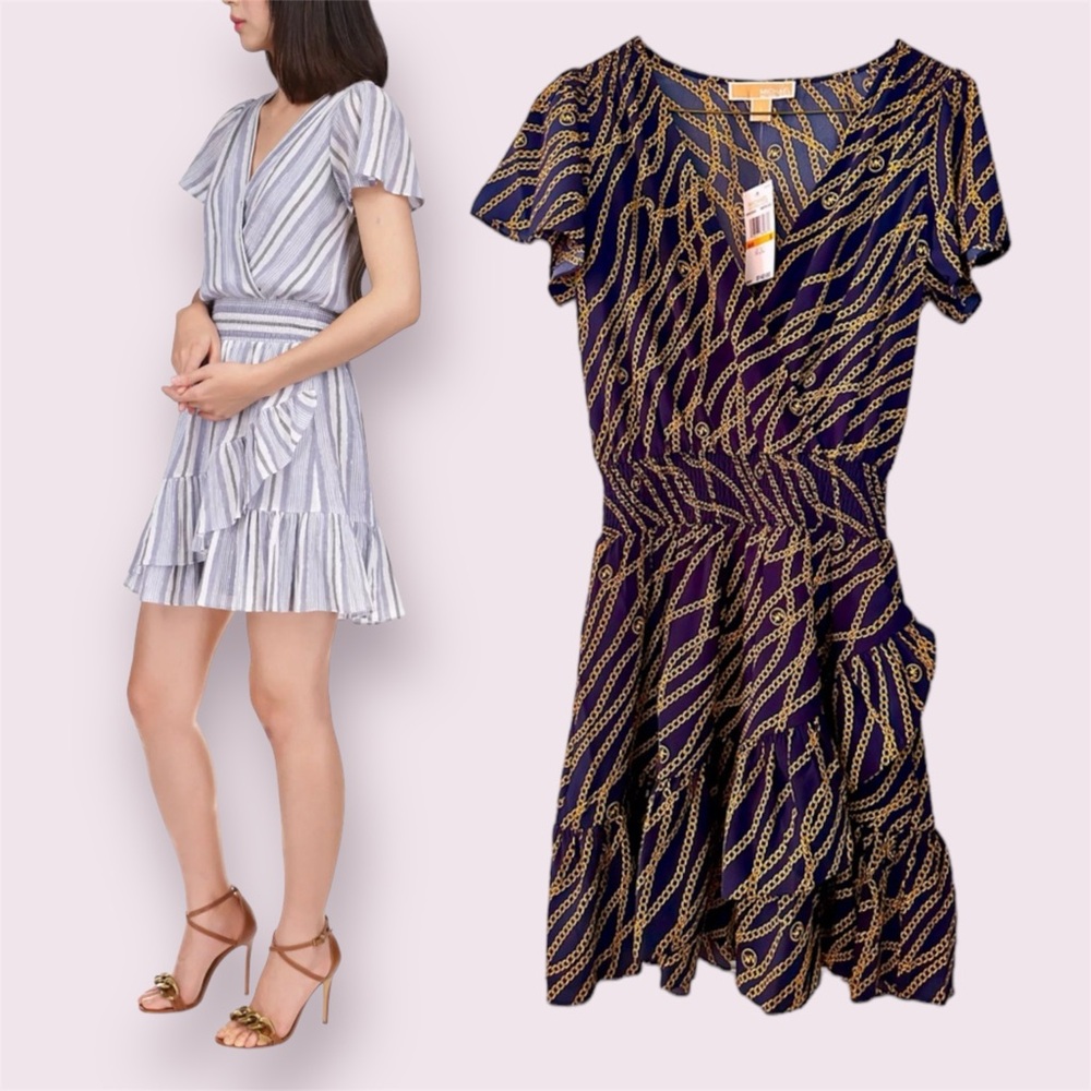 🔥SALE🔥 $140 NWT Michael Kors Navy Blue/Gold Chain Print Ruffle Wrap Dress